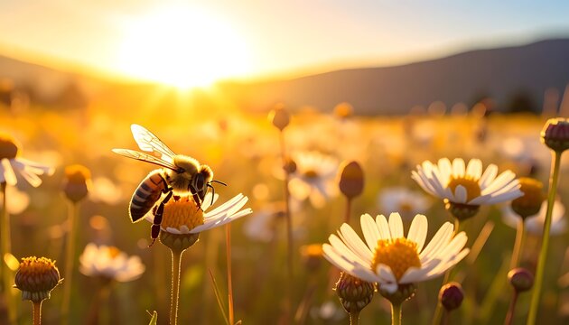 A bee collects nectar from a white daisy in a sunny flower field