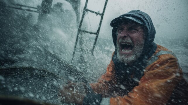 A gripping scene of a soaked captain during a storm.