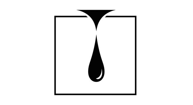 Minimalist Black Liquid Drop Icon within a Square Frame, Abstract Flow Symbol