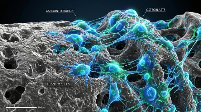 Osteoblasts interacting with a textured titanium surface during osseointegration