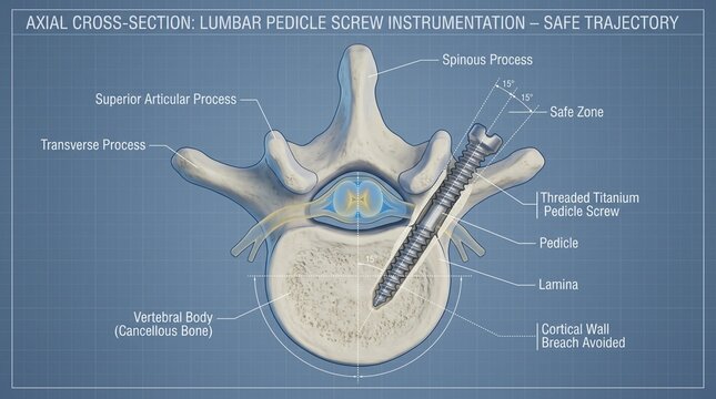 Axial cross section illustrating lumbar pedicle screw instrumentation with safe trajectory and anatomical labels