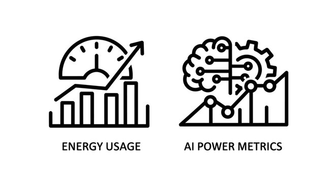 Energy usage meter and AI power metrics icons with technology, electricity