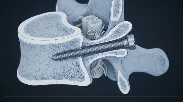 Detailed illustration of spinal fusion surgery with titanium screw fixation through vertebrae