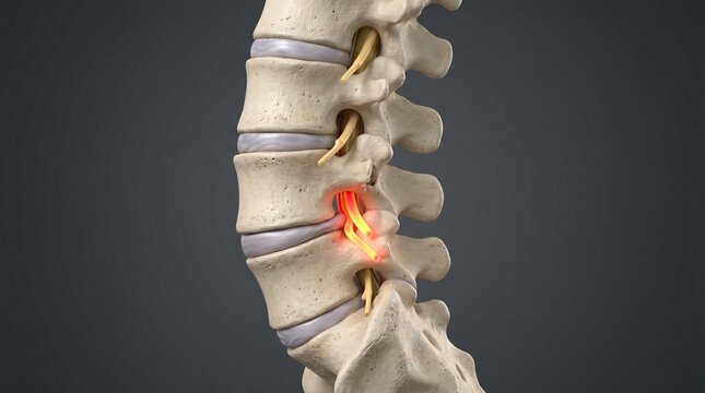 Medical illustration of lumbar spine showing compressed nerve roots with inflamed spinal disc