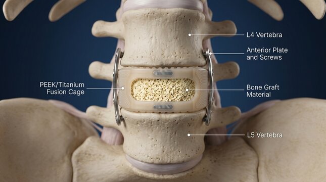 Lumbar spine fusion with PEEK titanium cage and bone graft material between L4 and L5 vertebrae