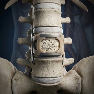 Close up view of a medical implant fused between human vertebrae showcasing bone structure and surgical hardware