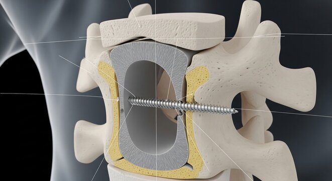 Anatomical illustration of a lumbar vertebra cross section showing a spinal fusion screw implantation