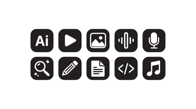 A minimalist vector icon collection for diverse digital media, creative processes, content creation, and software development applications