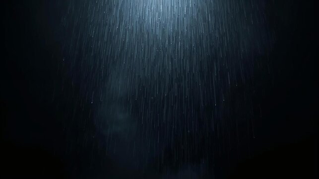 Falling Raindrops on Dark Black Background - Cinematic Slow Motion Rain with Fog and Light Effect