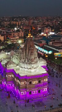 Aerial Drone Shot of Prem Mandir at Night, Vrindavan, India &ndash; Mesmerizing Illuminated Temple