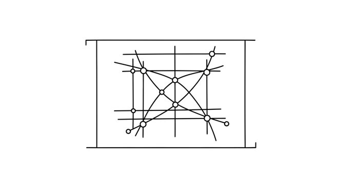 Geometric Line Art Diagram with Intersecting Lines and Nodes in a Rectangular Frame