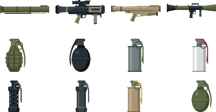 Military Heavy Weapons and Hand Grenades Icon Set with Rocket Launchers Bazookas Smoke Bombs and Explosive Munitions Vector Illustration