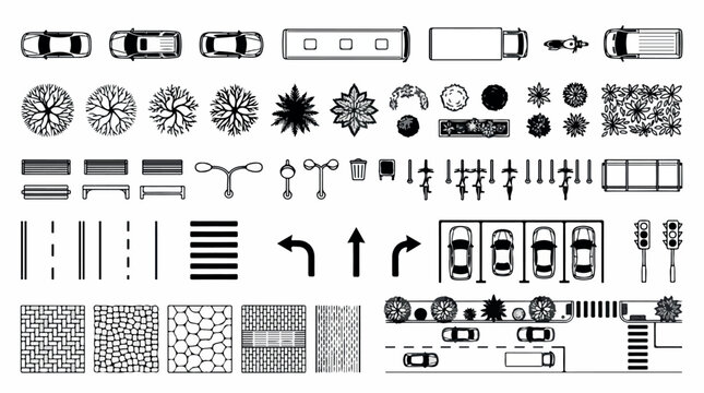 Architectural site plan symbols, top view landscape design elements, urban planning vector icons for city infrastructure and street layouts isolated PNG with Transparent Background