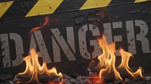 Danger sign with fire and burning wood logs in front