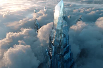 Futuristic cityscape piercing through clouds, modern architectural marvel with sharp angles, crystal towers, surreal and ethereal, ideal for technology, sci-fi, and innovation themes © Bilal