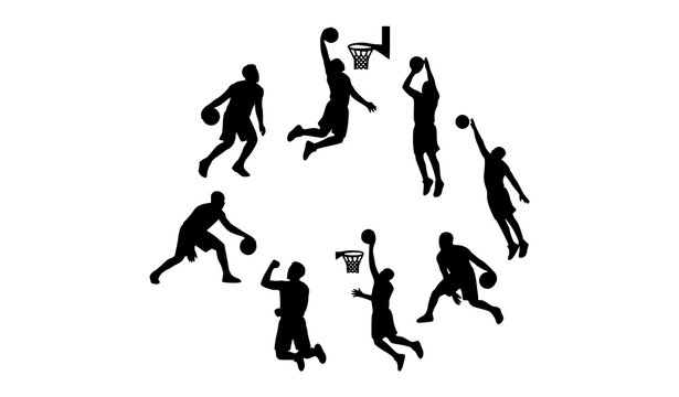 Dynamic Basketball Athlete Silhouettes Featuring Dribbling Shooting and Dunking Actions
