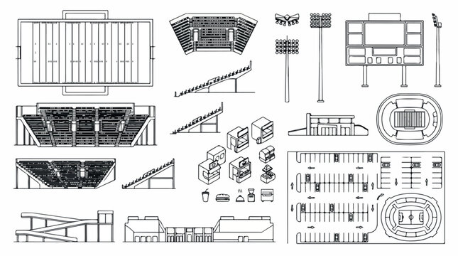 Minimalist football stadium architecture icons, sports arena construction elements and bleacher seating set, black and white vector line art isolated PNG with Transparent Background