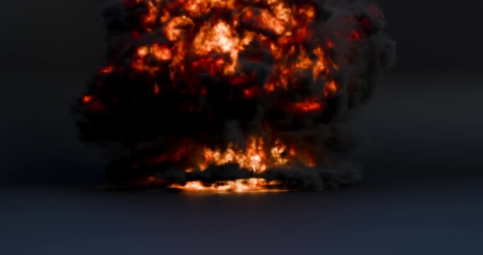 Two Black Oil Barrels Exploding with Fire and Smoke on Dark Background