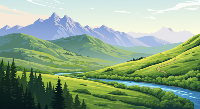 Peaceful Mountain Valley Landscape Illustration, Serene River Flowing Through Green Hills, Scenic Nature Background Vector Art