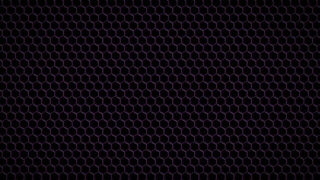 Seamless animation of violet glowing hexagonal grid pattern on dark black surface digital futuristic concept motion background abstract honeycomb structure graphic wallpaper effect.