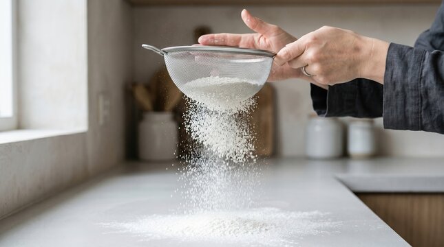 Hands sifting flour through a metal mesh sieve onto a white kitchen countertop for baking and food preparation