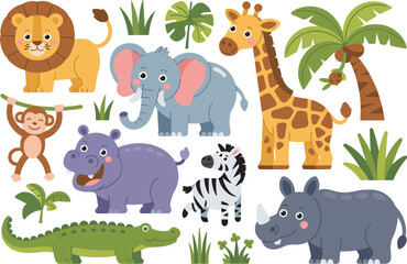 Naklejka premium Cute safari animal collection with lion elephant giraffe zebra rhinoceros monkey and crocodile cartoon characters