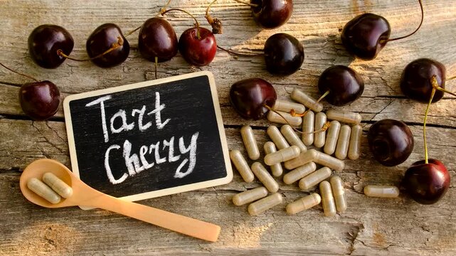 Cherry extract in supplements. Selective focus.