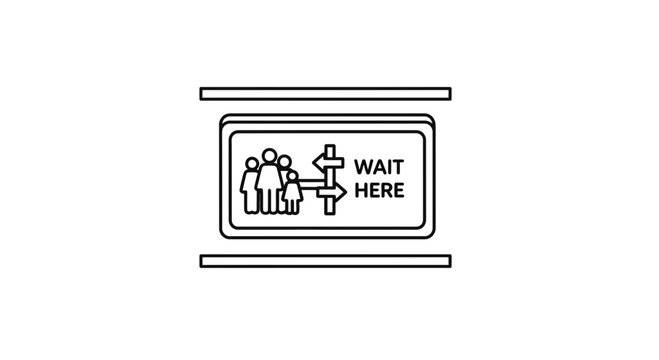 Wait Here Sign with People Queuing, Illustrating Social Distancing and Queue Management