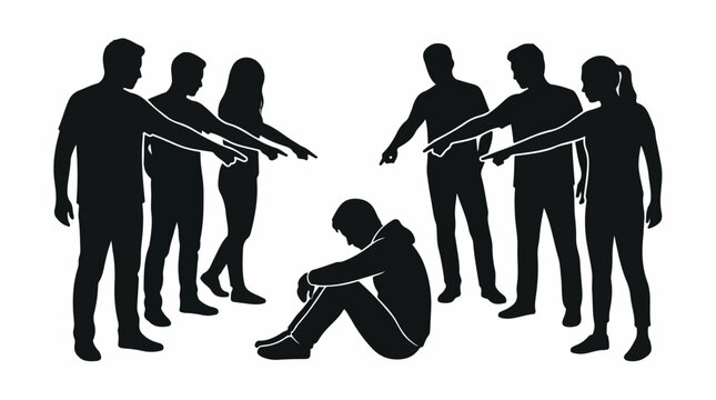 Social bullying silhouette vector, group of people pointing fingers at sad victim, harassment and peer pressure concept illustration isolated PNG with Transparent Background