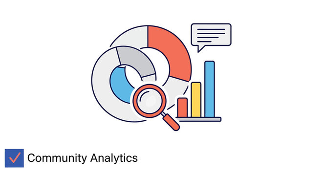 Community analytics data visualization with charts and magnifying glass