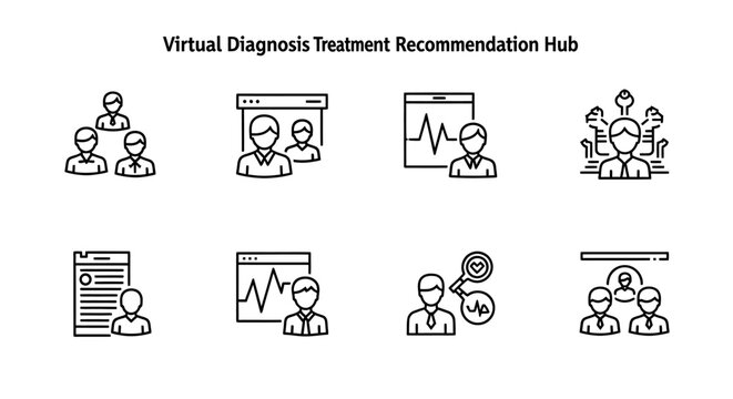 Virtual diagnosis and treatment recommendation hub icons with healthcare