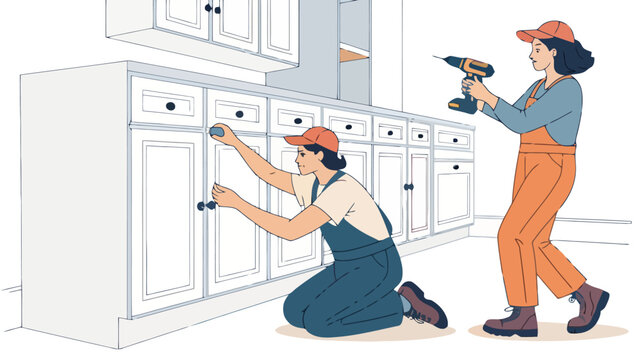 Two women installing cabinet hardware in a modern kitchen with power tools
