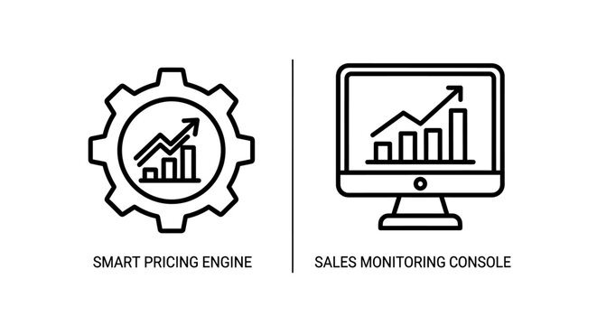 Smart pricing engine and sales monitoring console business icons with monitoring
