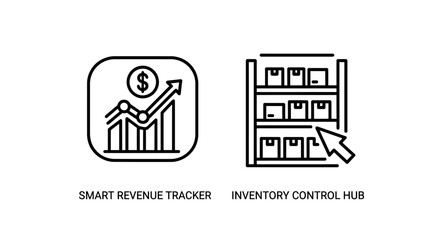 Fototapeta premium Smart revenue tracker and inventory control hub icons with inventory, business