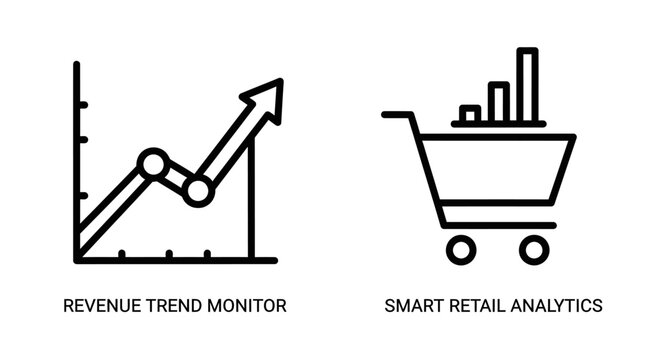 Revenue trend monitor and smart retail analytics icons with analytics, business