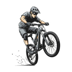 Naklejka premium Mountain Biker Performing Wheelie Against White Background