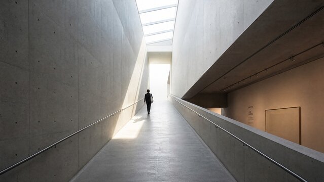 Modern museum interior with a person walking up a concrete ramp towards skylight.