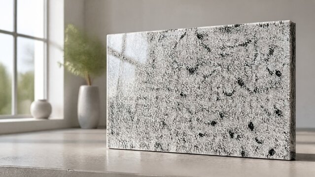 Polished diorite slab with speckled pattern on concrete, natural geology material.
