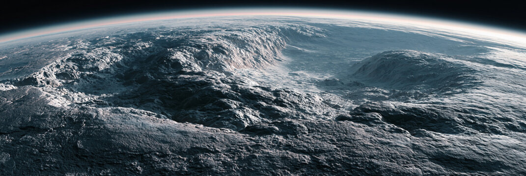 cinematic aerial shot of planet pluto surface