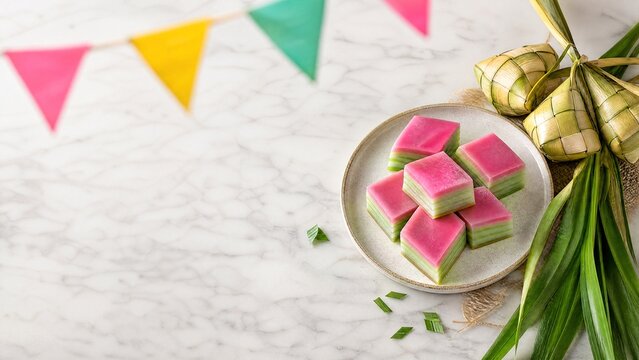Overhead view of layered kuih, ketupat casing, and pandan leaves, Merdeka Malaysia National Day celebration concept.