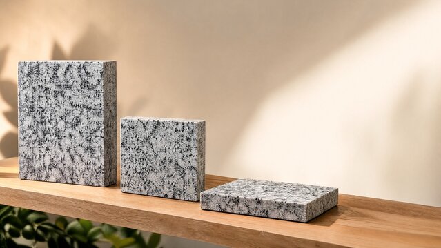 Three polished diorite samples on shelf, retail display of speckled natural stone.
