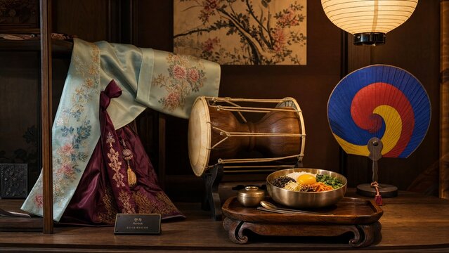 Hanbok sleeve, janggu drum, fan and bibimbap, Korean cultural display