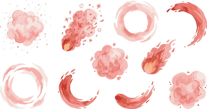 Pink Pastel Smoke and Explosion Effect Set with Magic Rings, Fireballs, Dust Clouds, and Slash Impacts for Anime Game Assets Vector Illustration