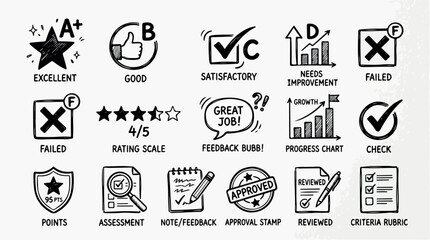 Fototapeta premium Hand-drawn grading icons and feedback stamps, set of 15 educational assessment symbols, black ink doodle rubric and progress chart vectors isolated PNG with Transparent Background