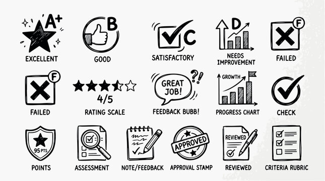 Hand-drawn grading icons and feedback stamps, set of 15 educational assessment symbols, black ink doodle rubric and progress chart vectors isolated PNG with Transparent Background