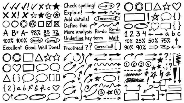 Hand drawn teacher grading marks and school correction symbols, black ink doodle arrows and speech bubbles, education feedback vector set isolated PNG with Transparent Background