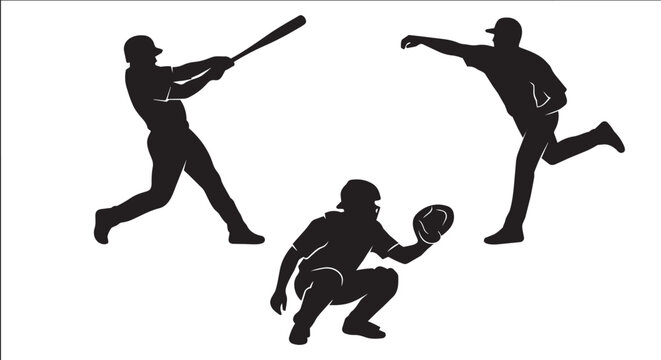 Baseball athletes engage in core game actions such as swinging a bat, throwing a pitch, and crouching behind home plate in this trio of minimalist black silhouettes.
