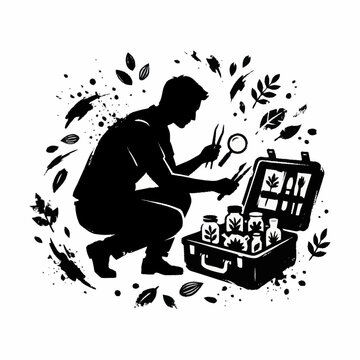 Scientist examining samples in a kit with magnifying glass.