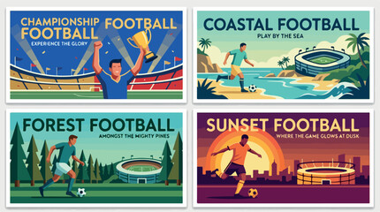 Obraz premium Vintage football poster collection, retro soccer tournament banners with stadium and players, set of 4 sports illustrations in flat vector style isolated PNG with Transparent Background
