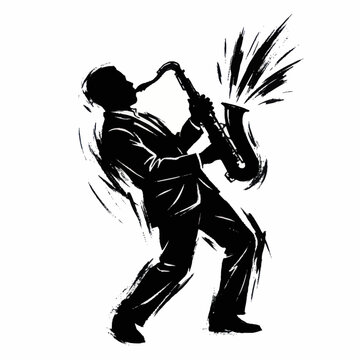 Silhouette of a man playing the saxophone with energetic splashes.